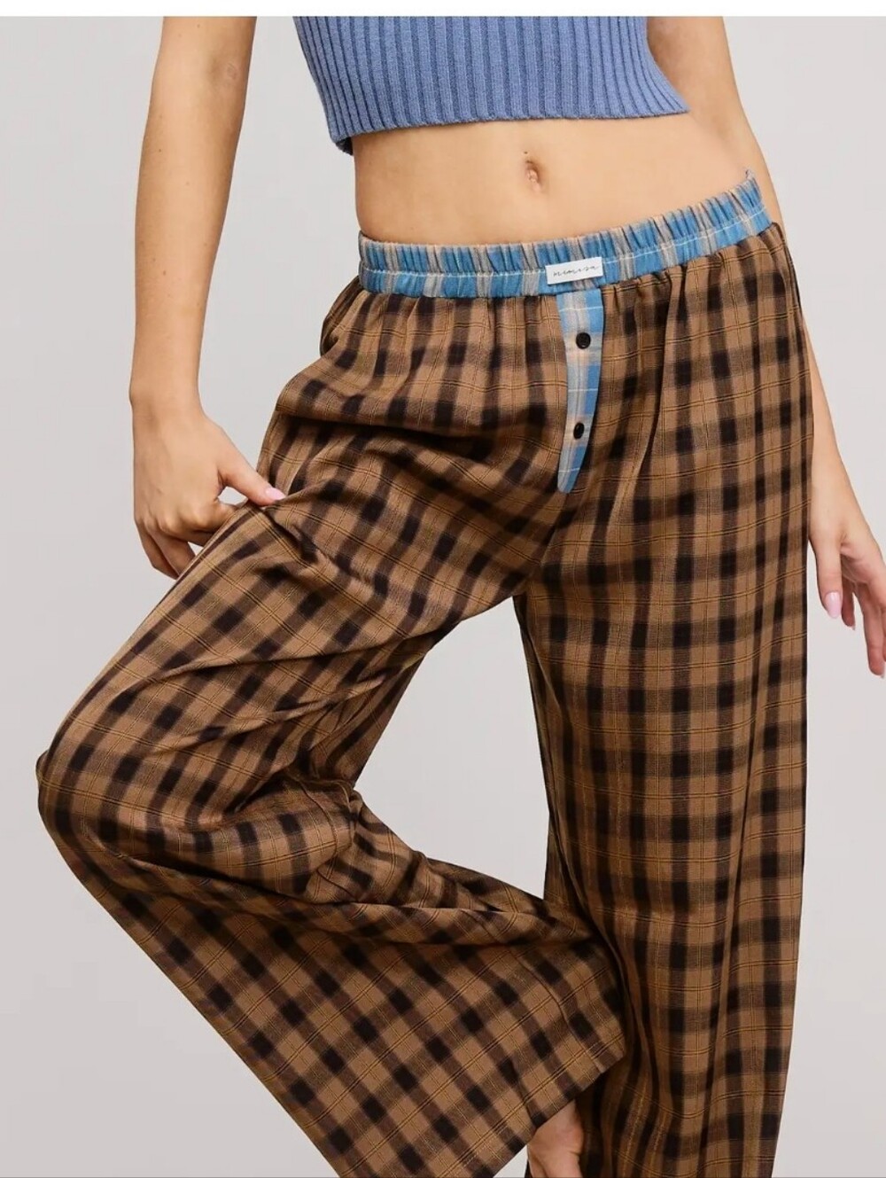 Mimosa Contrast Waistband Brown Plaid Boxer Pants Pull On Drapey Size Medium